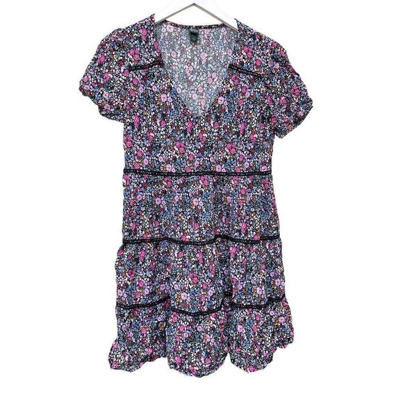 Wild Fable Size S Floral Print Short Sleeve Tiered Babydoll Mini Dress Purple - Picture 2 of 12